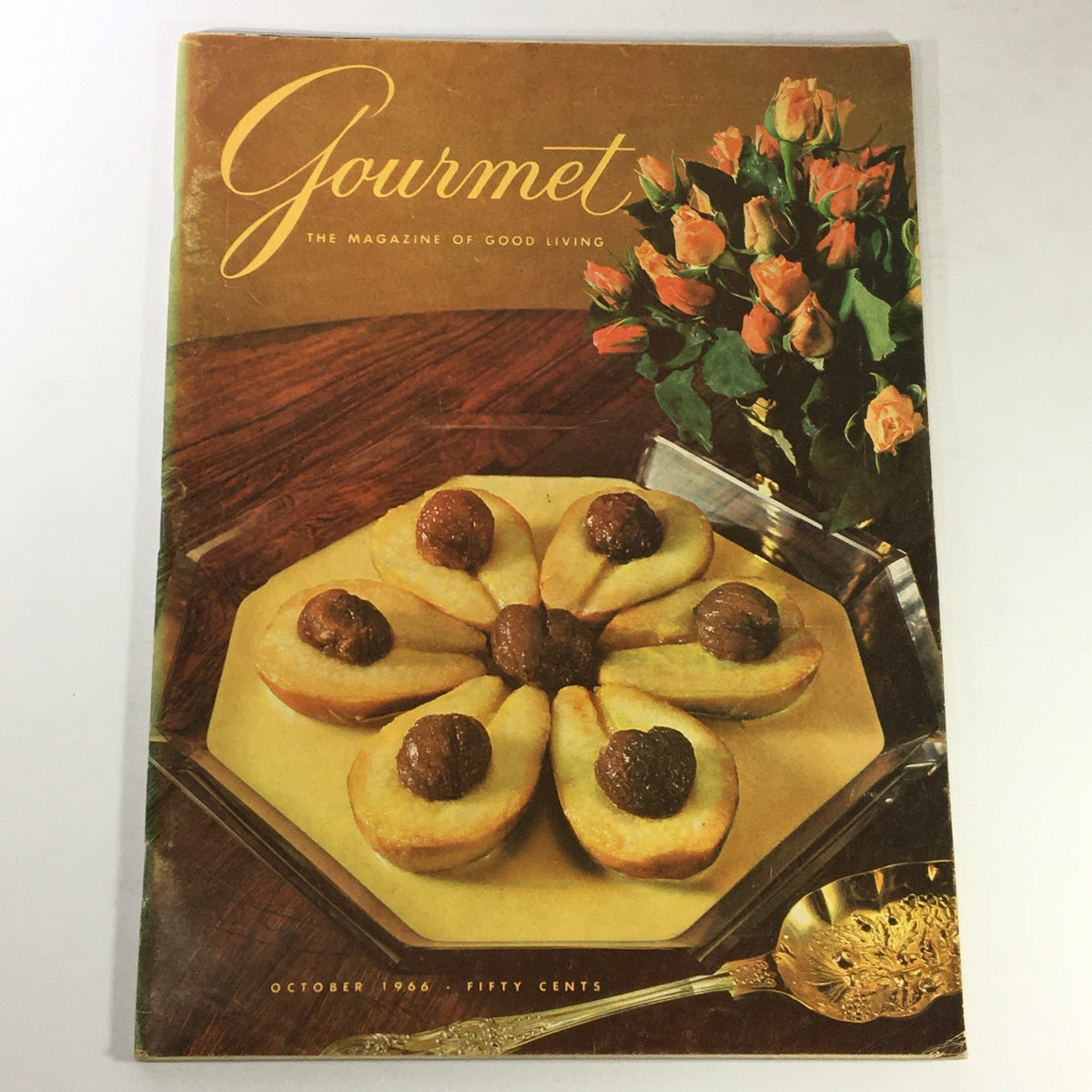 VTG Gourmet Magazine October 1966 cover featuring a gourmet dessert with pears, showcasing the theme 'The Subtle Pear', ideal for collectors and culinary enthusiasts.