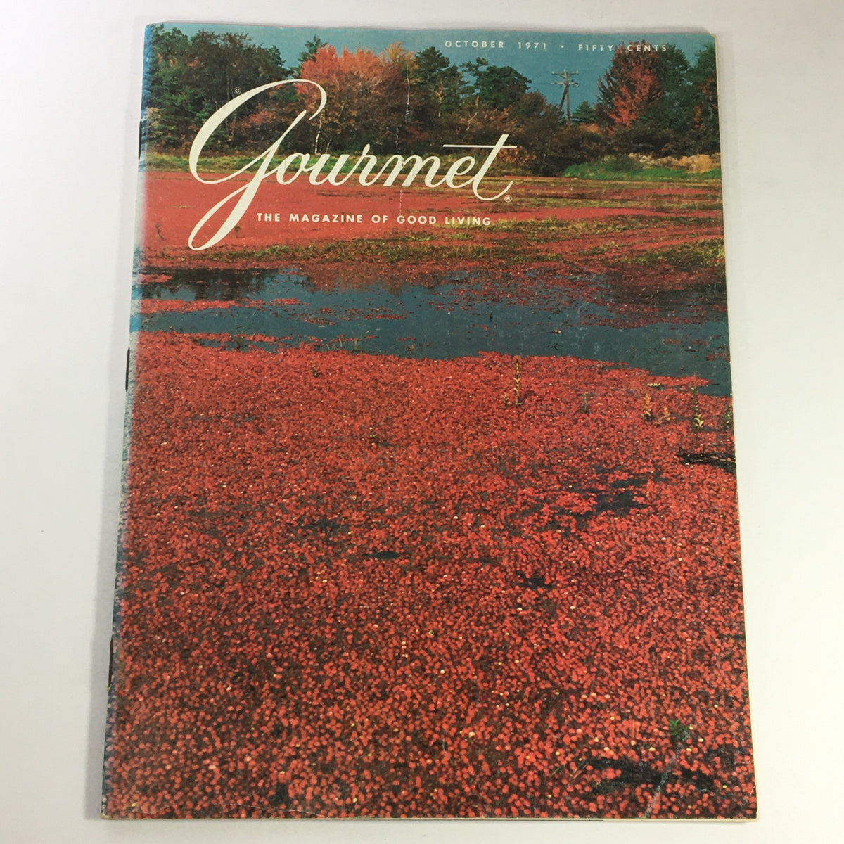 Cover of VTG Gourmet The Magazine of Good Living October 1971 showcasing vibrant fall foliage over a cranberry field, highlighting the theme of German wines in this vintage edition.