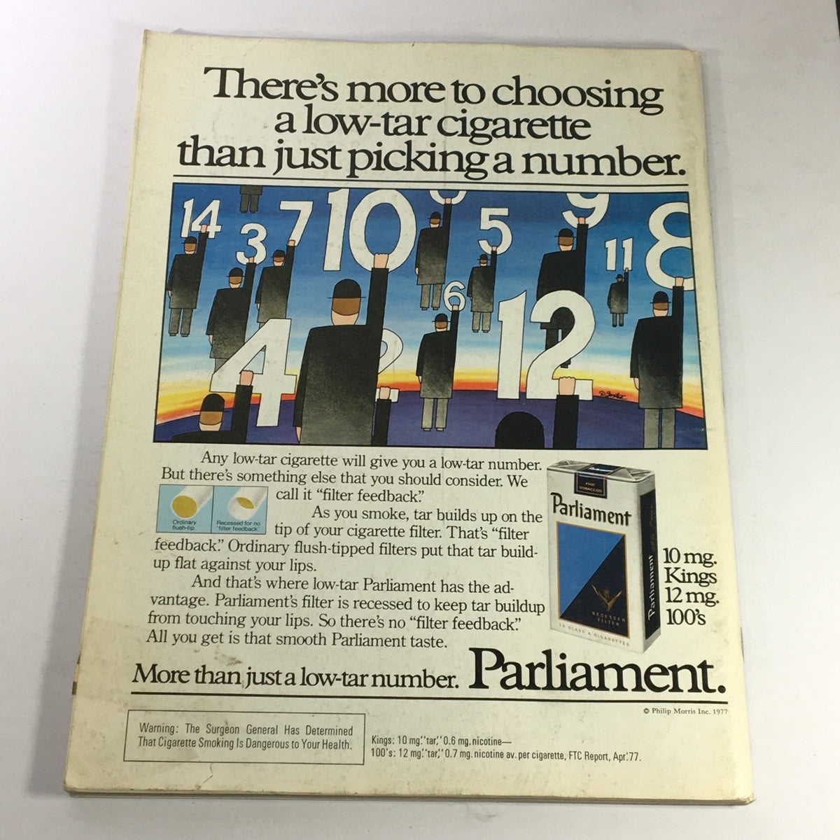 Back cover of the October 1977 edition of VTG Gourmet The Magazine of Good Living, featuring an advertisement for Parliament cigarettes with a colorful design and statistics about low-tar options.