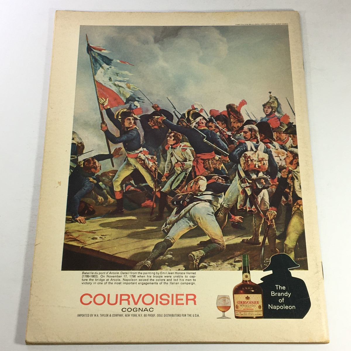 Back cover of VTG Gourmet Magazine May 1969 'A Feast in Bengal', showcasing an advertisement for Courvoisier Cognac with a historical painting.