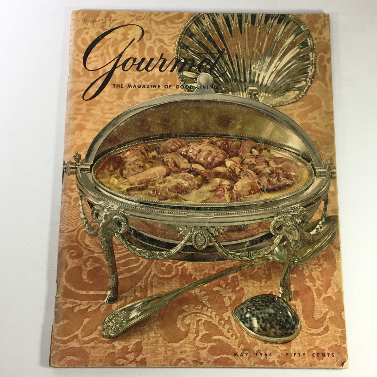 VTG Gourmet The Magazine of Good Living May 1968 cover featuring a silver serving dish with food, vintage culinary aesthetics, and attractive background.