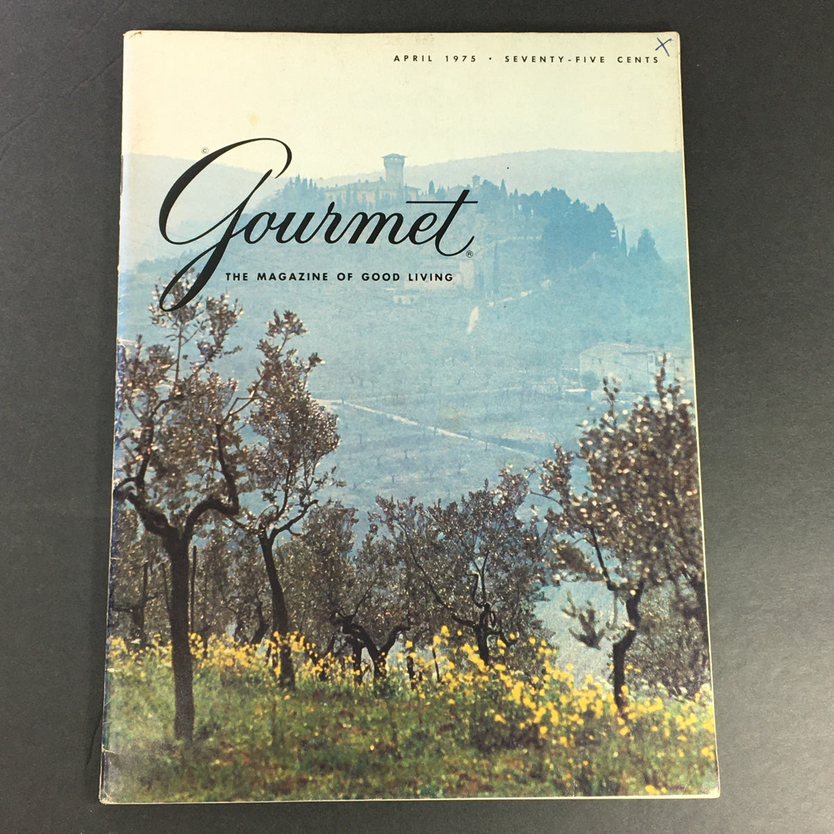 Cover of VTG Gourmet The Magazine of Good Living April 1975 featuring a serene landscape of olive trees and rolling hills, with the title 'Gourmet' prominently displayed.