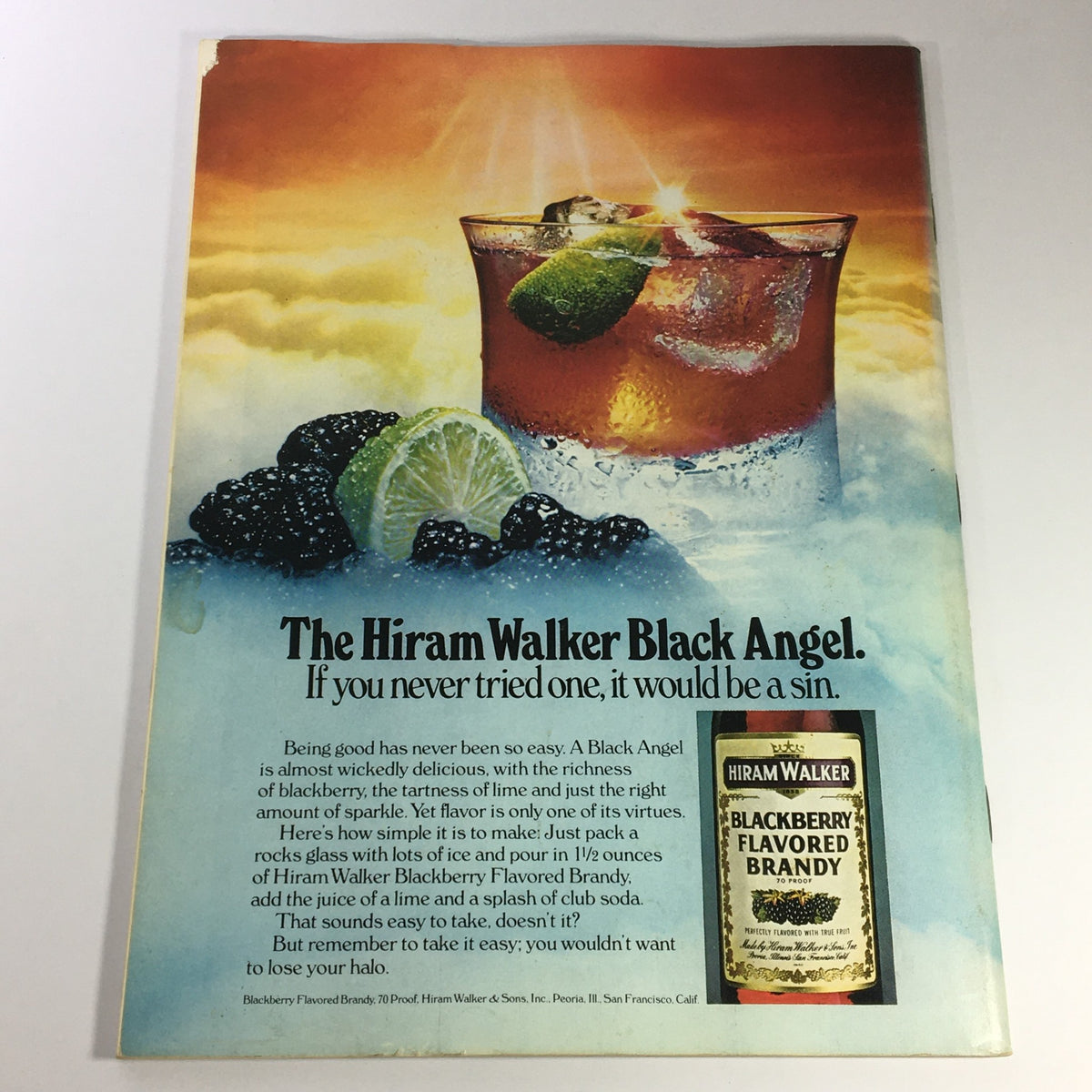 Vintage Hiram Walker advertisement featuring the Blackberry Flavored Brandy and a refreshing cocktail with lime and berries, showcasing the drink's rich flavor and appeal, linked to the Gourmet Magazine September 1978 issue.