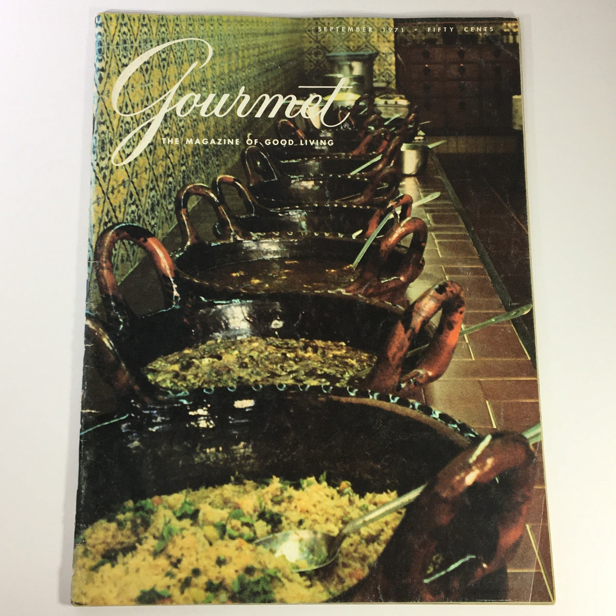 Cover of VTG Gourmet The Magazine of Good Living September 1971 featuring vibrant culinary imagery with traditional cooking pots, highlighting the essence of gourmet dining from the early 1970s.