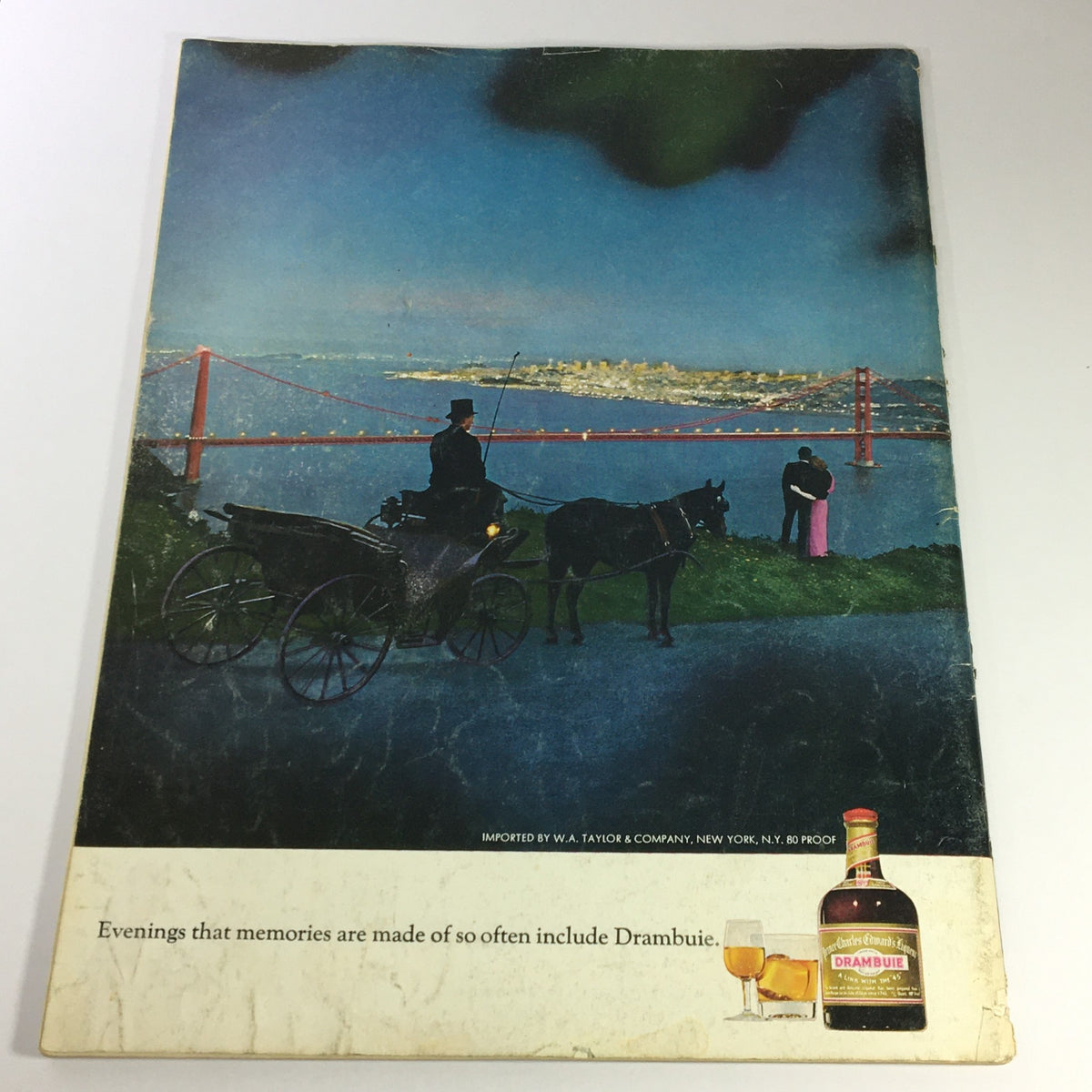 Back cover of VTG Gourmet The Magazine of Good Living September 1971 showcasing a scenic view with historical elements, emphasizing nostalgic moments associated with dining and entertainment.