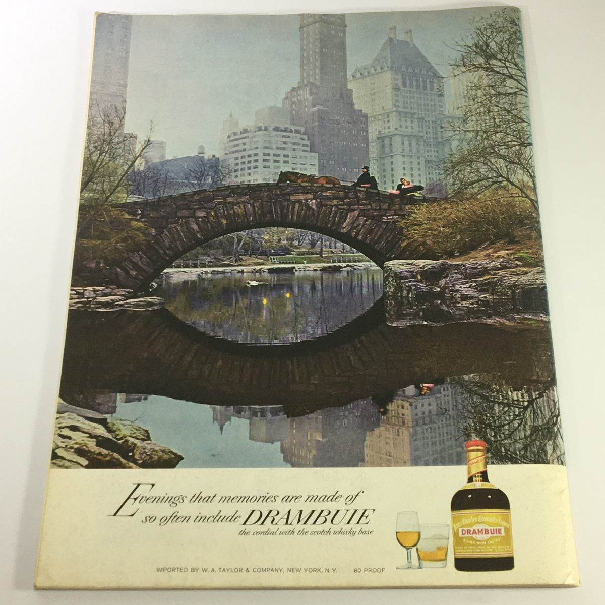 Cover image of VTG Gourmet The Magazine of Good Living May 1972, showcasing a scenic view of a bridge with city buildings in the background, promoting Drambuie liqueur.
