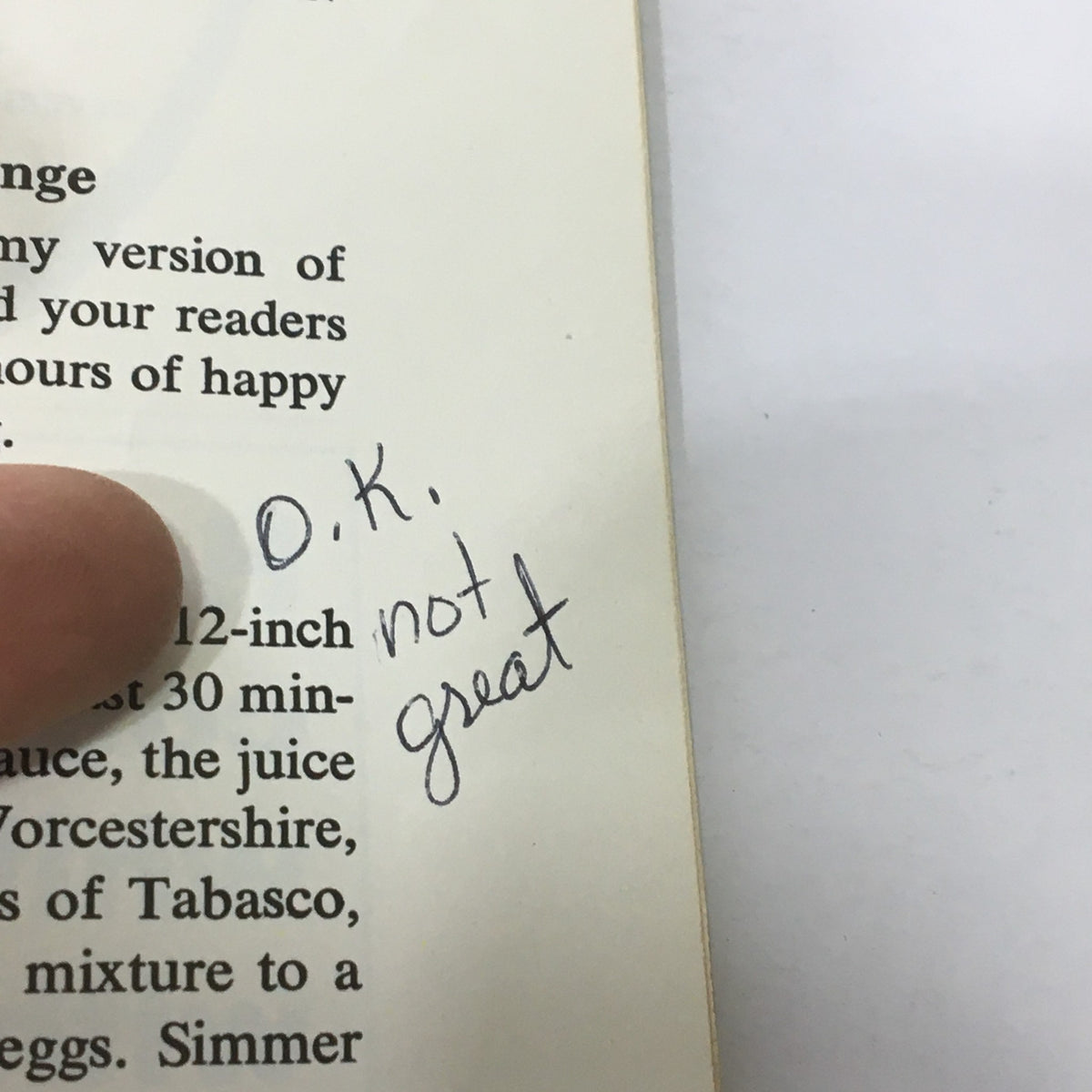 Close-up of a handwritten note on the inside page of a vintage magazine, indicating a review with the words 'O.K., not great.' from the issue 'VTG Gourmet The Magazine of Good Living - Luncheon for Elise.'