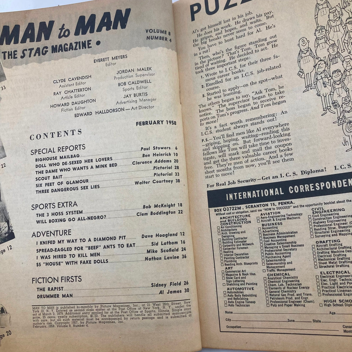 Inside page of VTG Man to Man Magazine February 1958, Volume 8, Issue #4 showing the table of contents and various article titles.