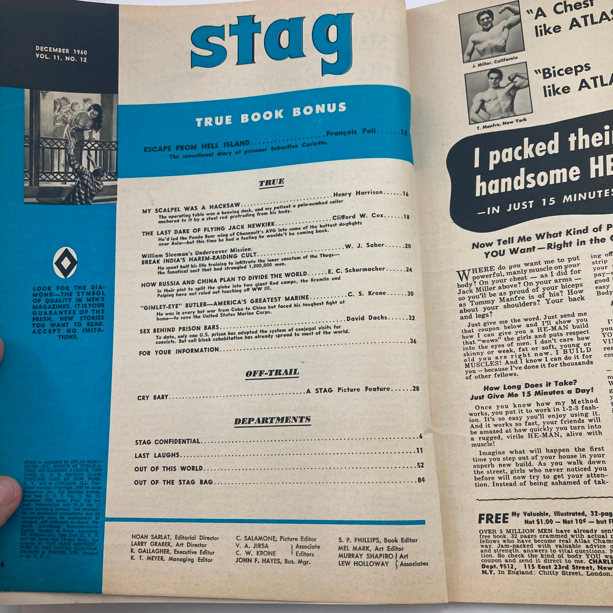 Interior page of VTG Stag Magazine December 1960 Vol 11 #12, highlighting content including 'Escape From Hell Island' and various articles, set in a vintage magazine layout.