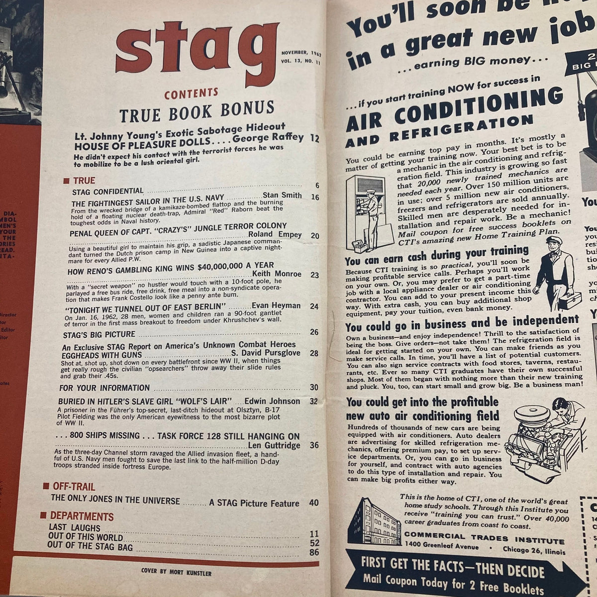 Contents page of VTG Stag Magazine November 1962 showing the table of contents and articles, including 'House of Pleasure Dolls'.
