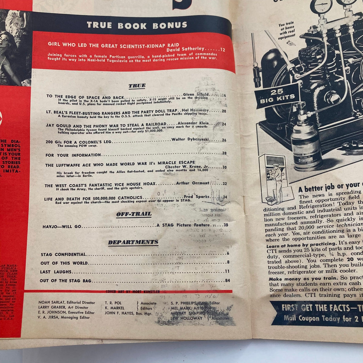Interior page of VTG Stag Magazine November 1961, displaying the table of contents including articles such as 'Girl Who Led The Great Scientist-Kidnap Raid' and 'To The Edge of Space and Back,' highlighting the magazine's adventurous themes.
