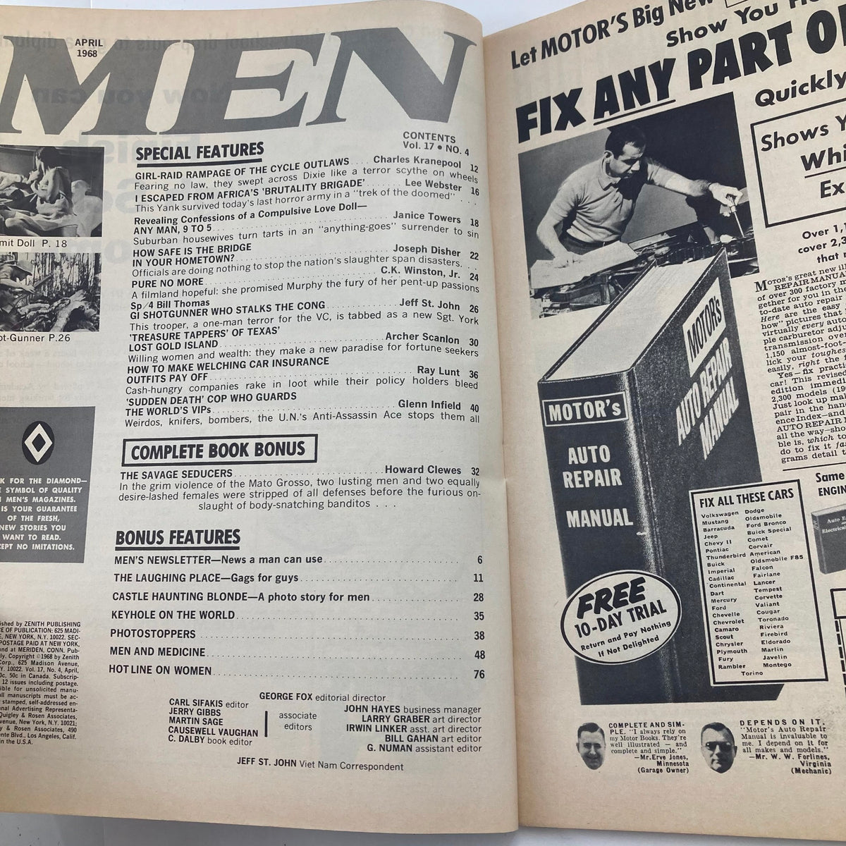 Interior page of VTG Men Magazine April 1968 Volume 17 Issue 4 showing the contents including articles like G.I. Shotgunner Who Stalks Cong, special features, and advertisements.