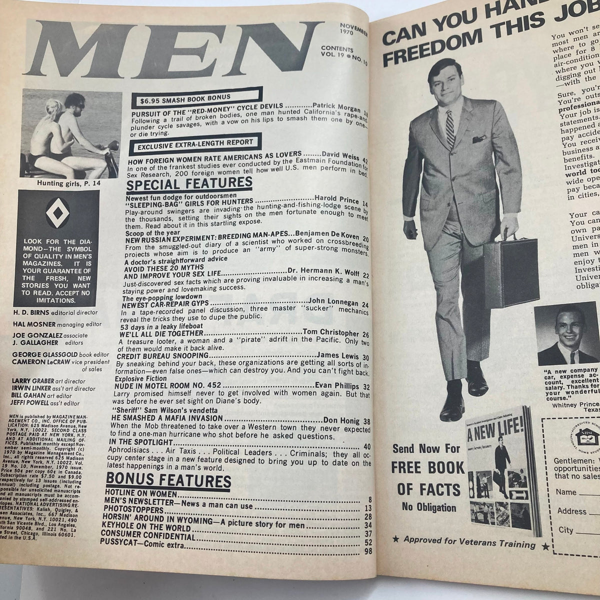 Interior page of VTG Men Magazine from November 1970, Vol 19 #10 displaying the contents section, highlighting articles including 'Sleeping-Bag Girls for Hunters' and 'How Foreign Women Rate Americans as Lovers'.