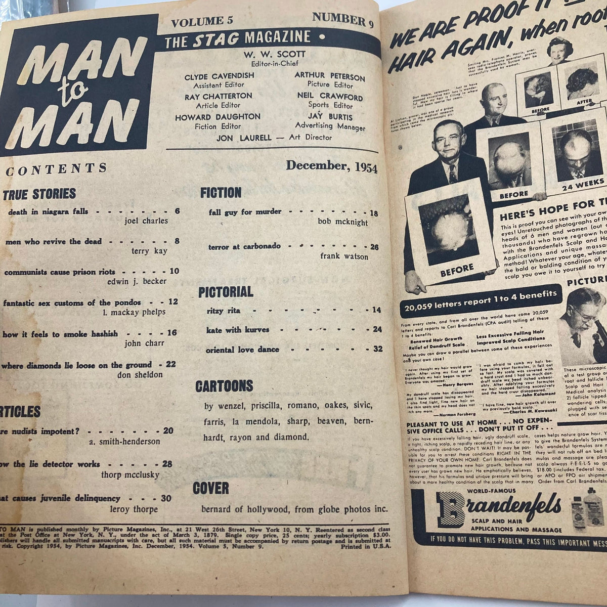 Inside view of VTG Man to Man Magazine December 1954 Vol 5 #9, highlighting the magazine's contents and layout.