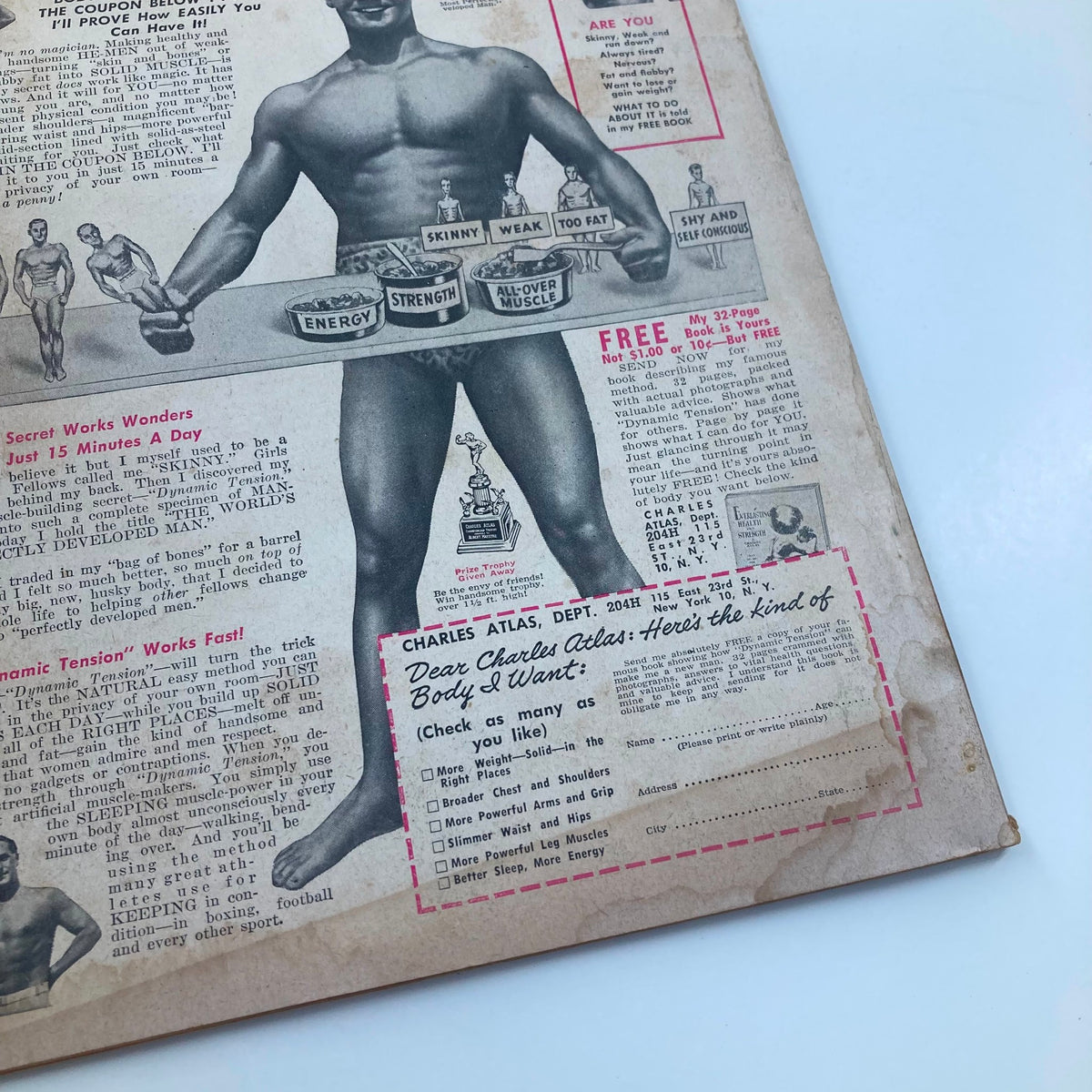 Advertisement page in VTG Man to Man Magazine August 1957 Vol 8 #1 featuring Charles Atlas, promoting fitness and strength.