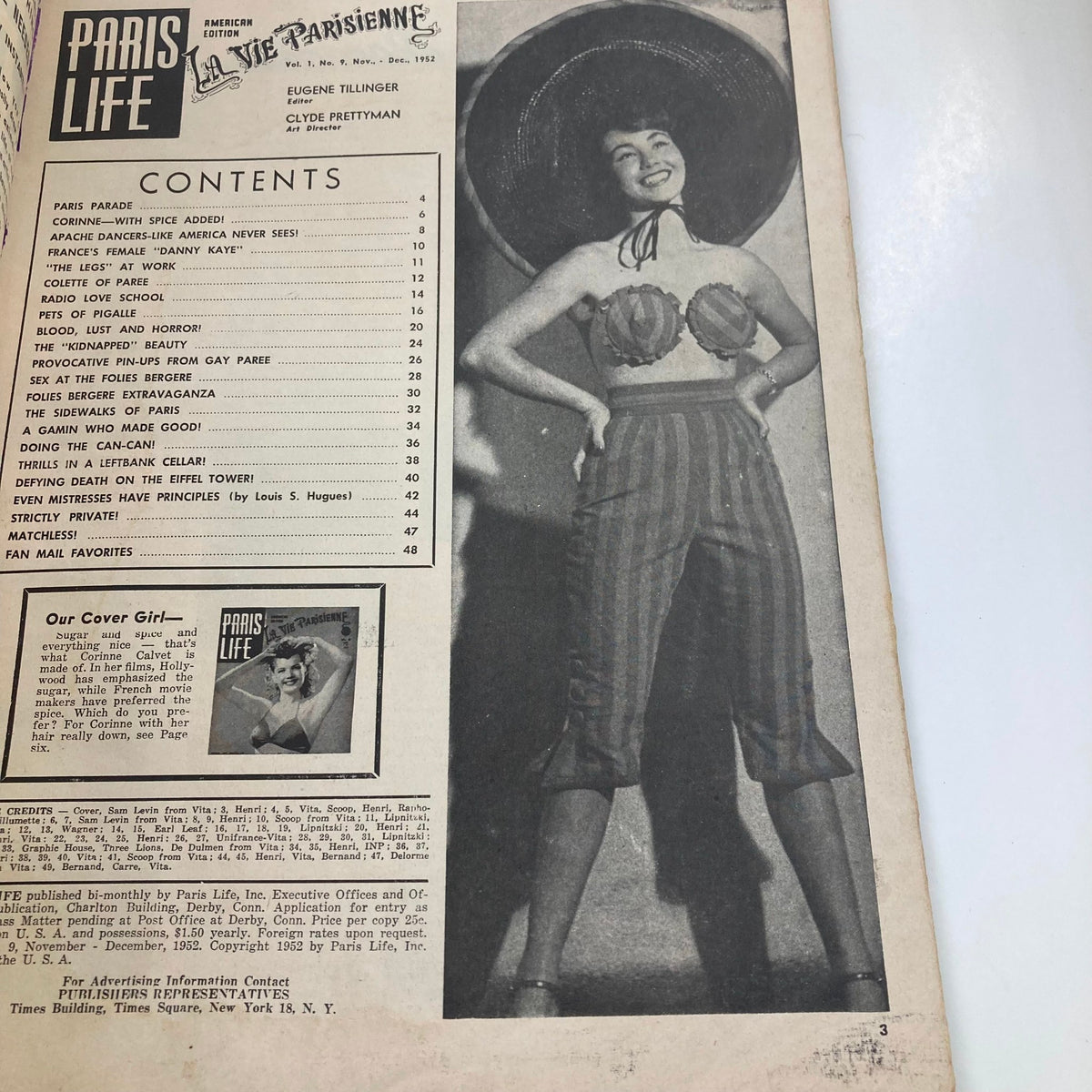 Interior page of VTG Paris Life Magazine American Ed. December 1952, displaying contents and a featured photo of a model with a large hat and retro outfit. Corinne Calvet is highlighted as the cover girl.