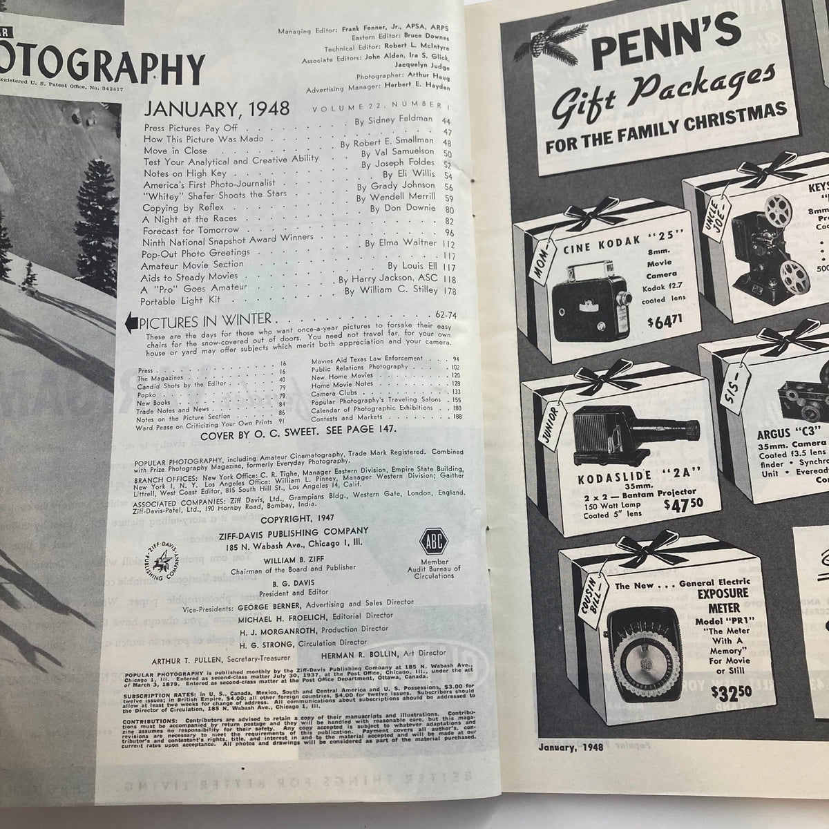 Interior page of VTG Popular Photography Magazine January 1948, Volume 22, Issue #1 displaying the table of contents and advertisements from the era.