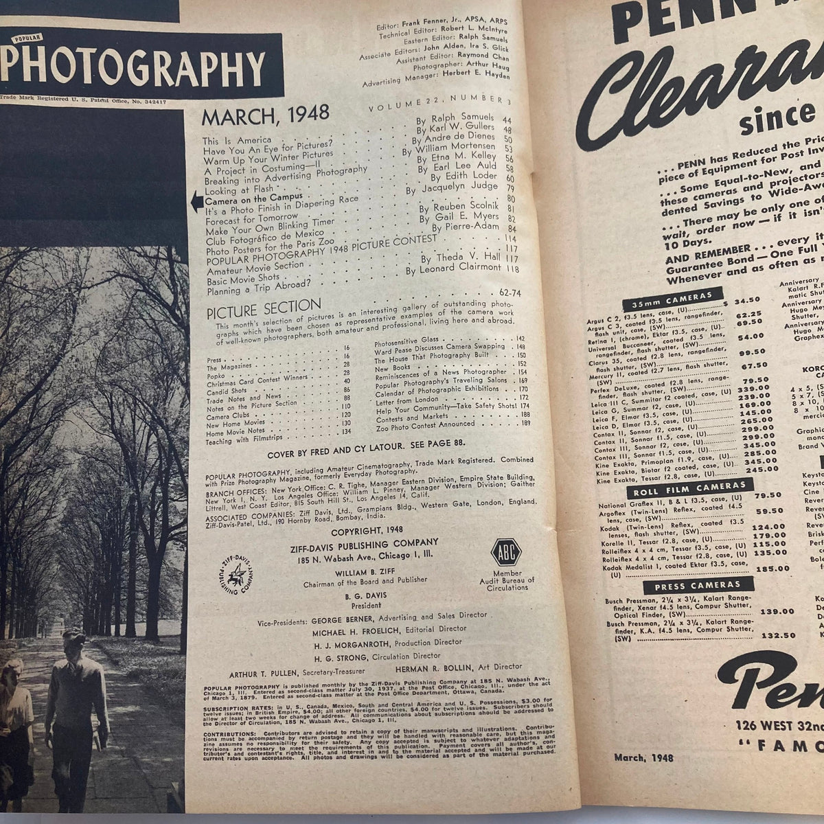 Interior page of VTG Popular Photography Magazine March 1948 Vol 22 #3, displaying the contents and articles featured in this historical photography publication.