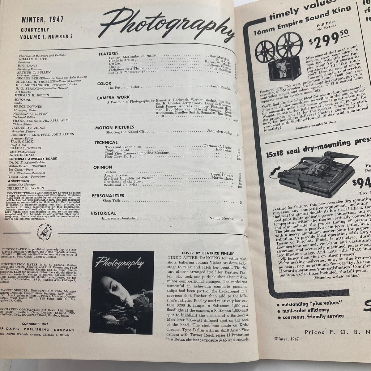 Inside page of VTG Photography Magazine Winter 1947 Vol 1 #2 featuring the table of contents and advertisements highlighting photography equipment and techniques.