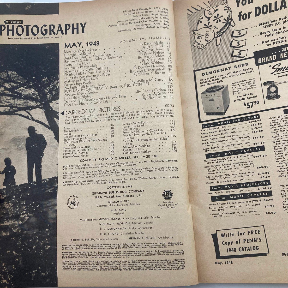 Interior pages of VTG Popular Photography Magazine May 1948 Special Darkroom Issue showcasing the table of contents and articles related to darkroom techniques and photography tips.