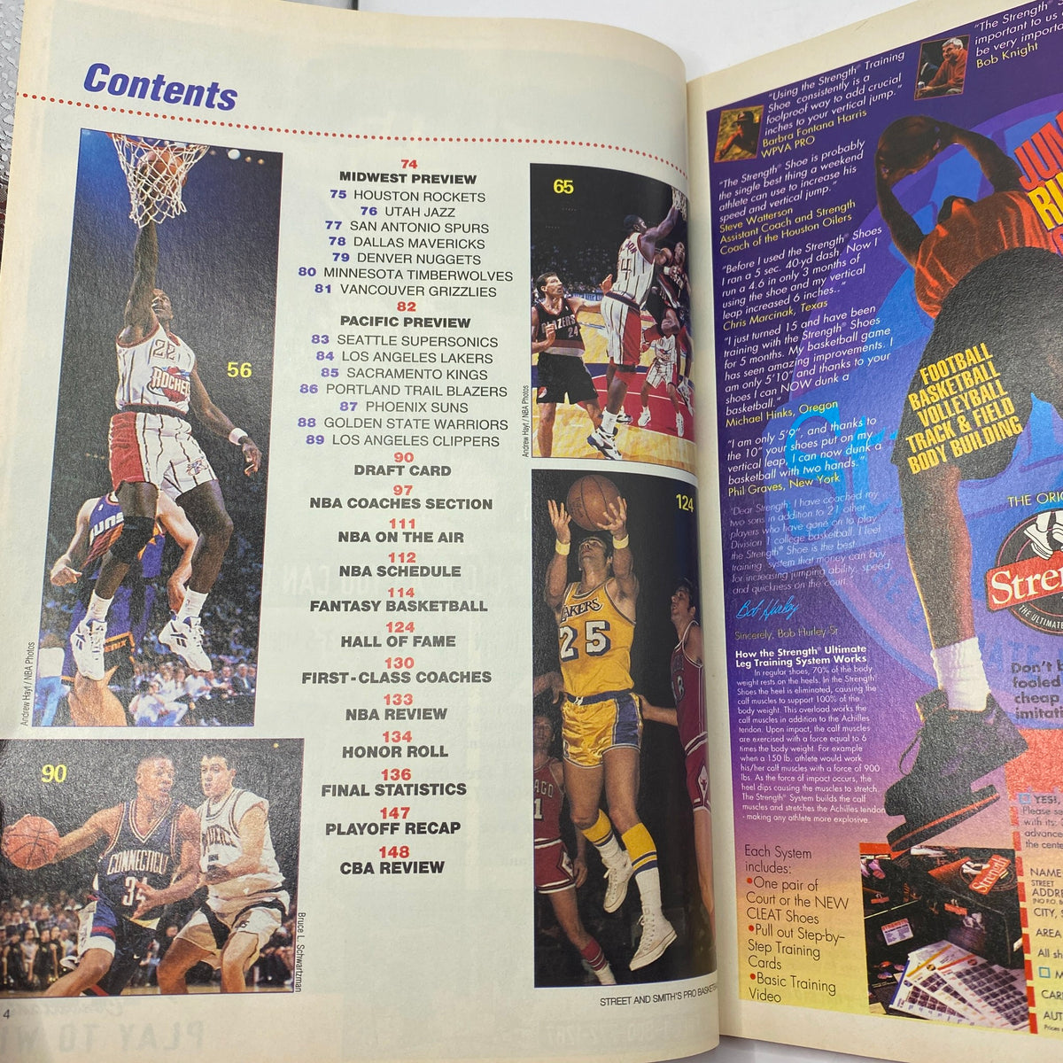 Contents page of Street & Smith's Pro Basketball Magazine 1996-1997, detailing articles including NBA previews, team statistics, and player highlights, reflecting key aspects of the basketball season.