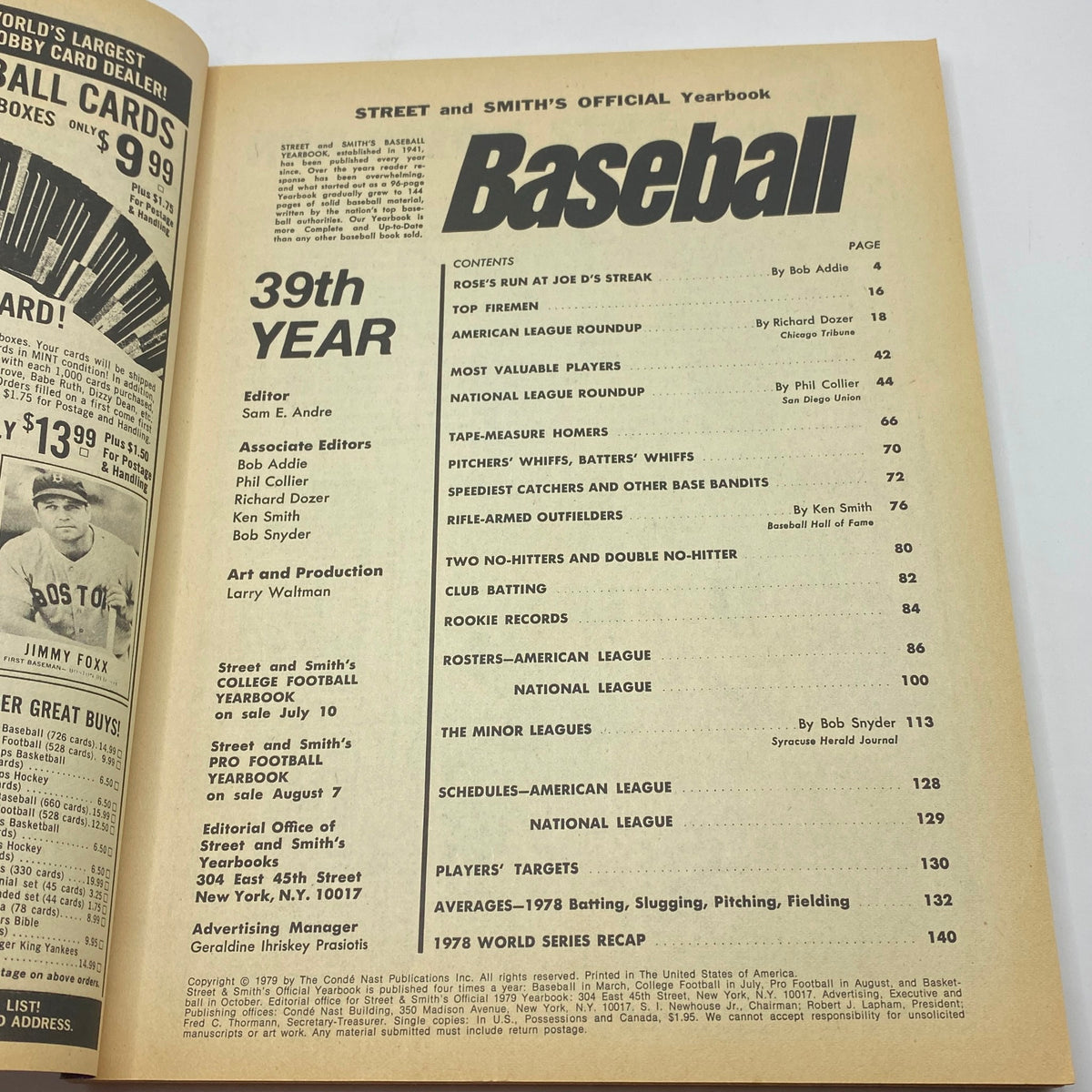 Interior page of Street & Smith's Baseball Official Yearbook 1979 showing the table of contents, highlighting player profiles and statistics in vintage design.