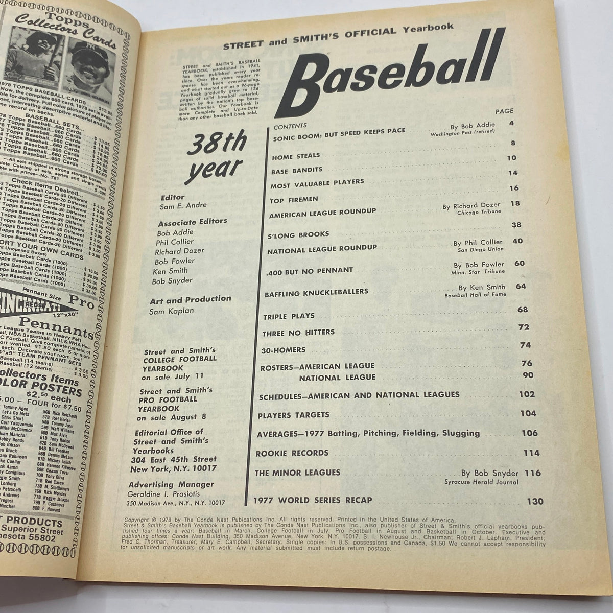 Inside page of the Street & Smith's Baseball Official Yearbook 1978, displaying the table of contents, detailing articles, player statistics, and baseball features from that season.