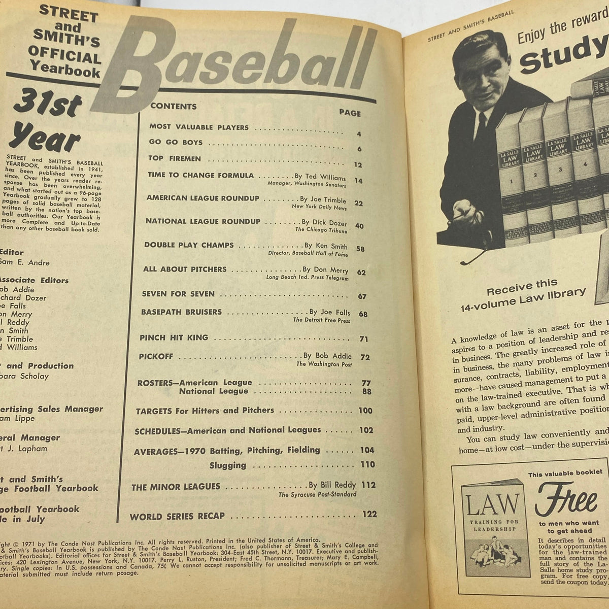 Interior page of Street & Smith's Baseball Official Yearbook 1971 displaying the table of contents, listing various baseball articles and features.