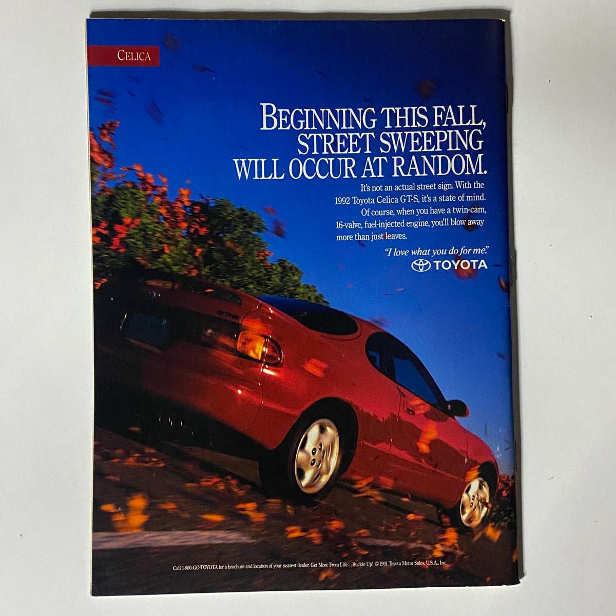 Advertisement in Inside Sports Magazine November 1991 & 1992 NBA & College Basketball Preview for the 1992 Toyota Celica GT-S, promoting driving features and performance.