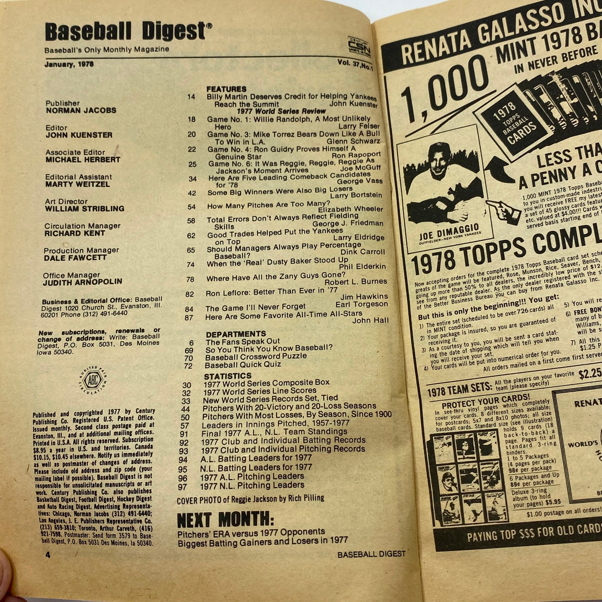 Vintage Baseball Digest Magazine January 1978 Reggie Jackson No Label VG