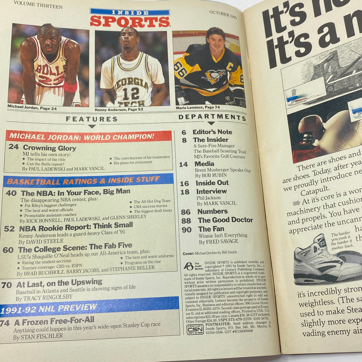An interior spread from the Inside Sports Magazine, October 1991, highlighting features including Michael Jordan and articles about basketball and sports culture.