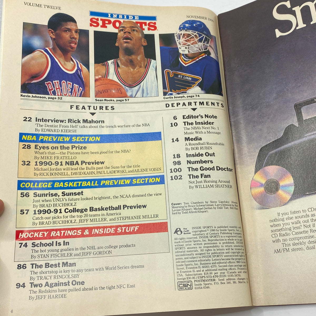 Inside Sports Magazine November 1990 featuring Michael Jordan, Sean Rooks, and Curtis Joseph. Highlights include NBA preview with key features and articles in vintage basketball context.