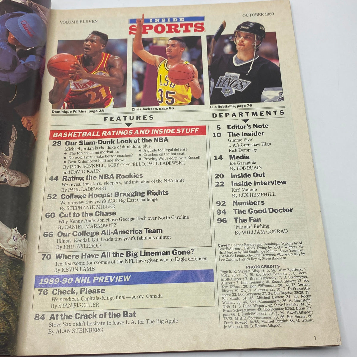 Inside Sports Magazine October 1989 interior page with articles, showcasing leading basketball players including Dominique Wilkins and Chris Jackson, reflecting on the NBA season.
