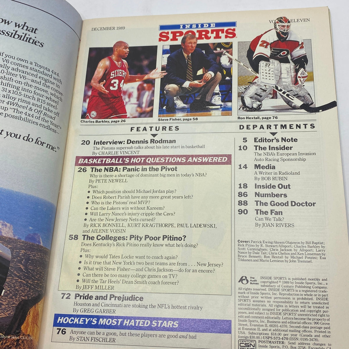 Inside page of Inside Sports Magazine December 1989 highlighting features, including interviews and articles about basketball legends like Charles Barkley and Steve Fisher.