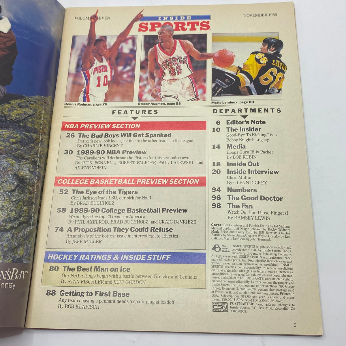 Inside page of Inside Sports Magazine from November 1989, displaying key features including a section on NBA previews and college basketball predictions. This page emphasizes the magazine's focus on legendary players and sports analysis.