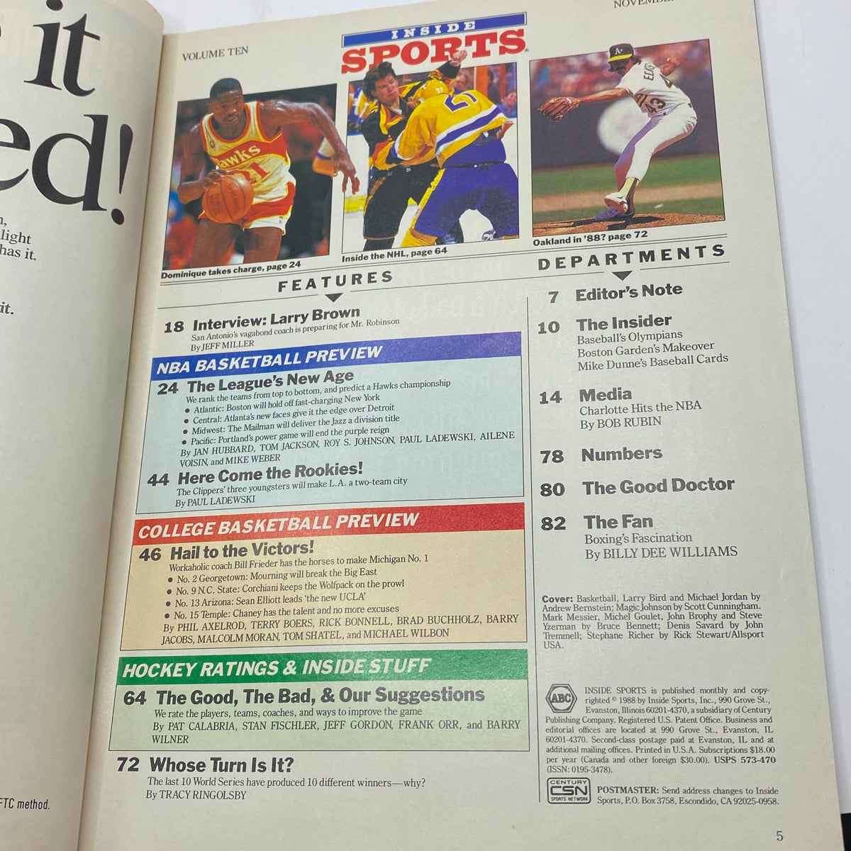 Inside Sports Magazine November 1988 interior page containing feature articles including NBA Basketball Preview and College Basketball Preview, showcasing prominent players like Larry Bird and Dominique Wilkins.