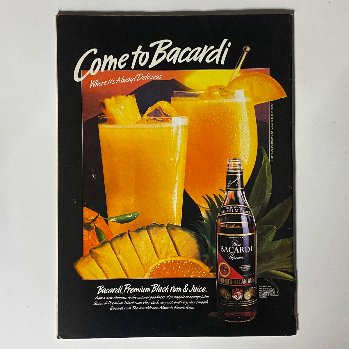 Inside Sports Magazine May 1988 back cover advertising Bacardi rum, featuring vibrant tropical drinks, complementing the vintage theme.