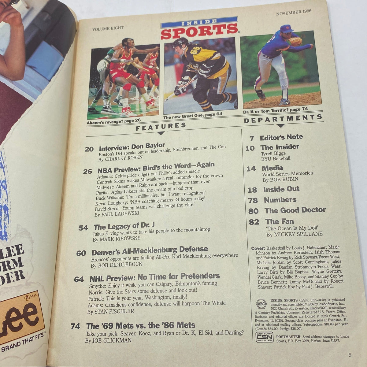 Inside page of Inside Sports Magazine, November 1986, detailing features including interviews and articles on basketball legends.