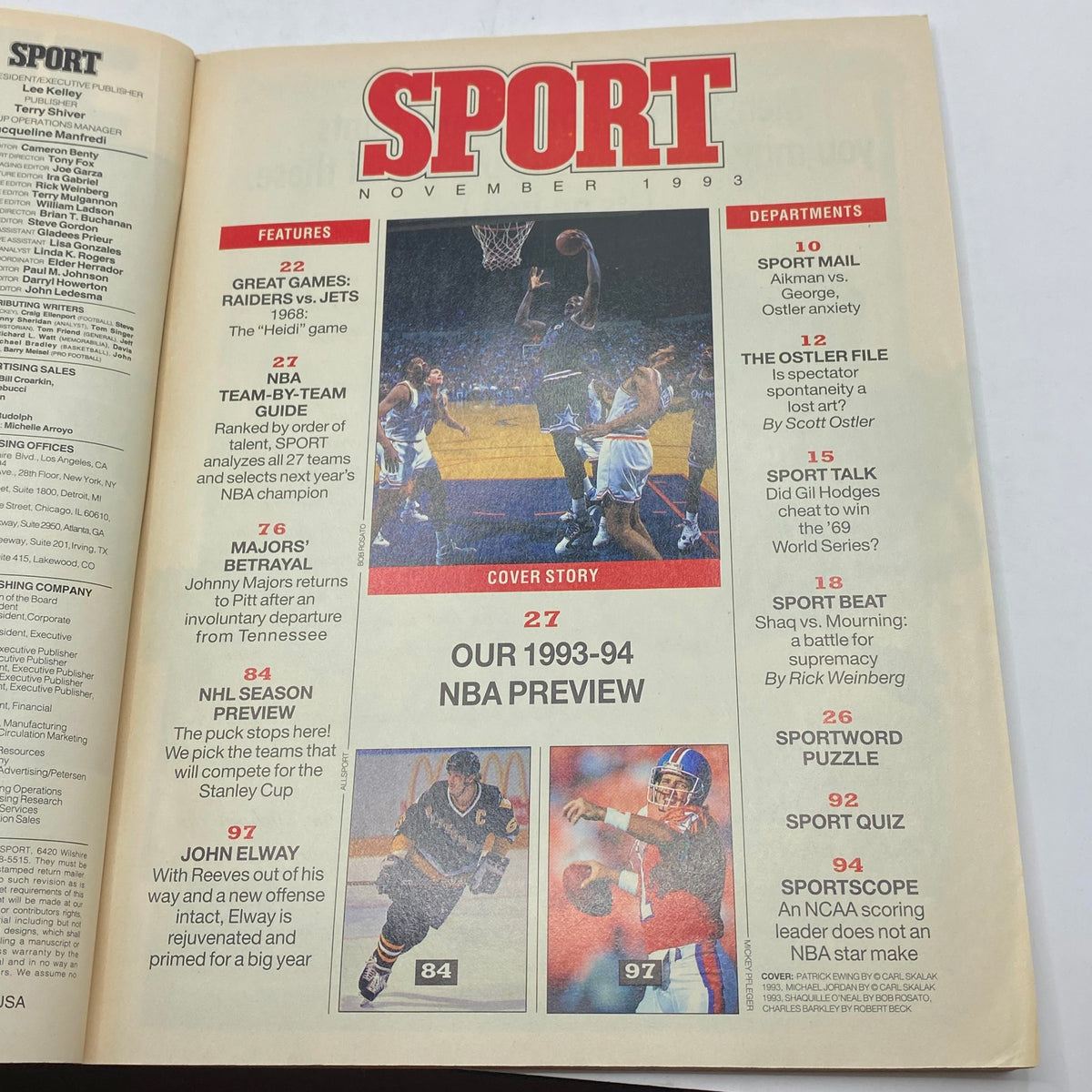 Interior page of Sport Basketball Magazine November 1993 displaying NBA preview content, highlighting significant articles and features related to the basketball season.