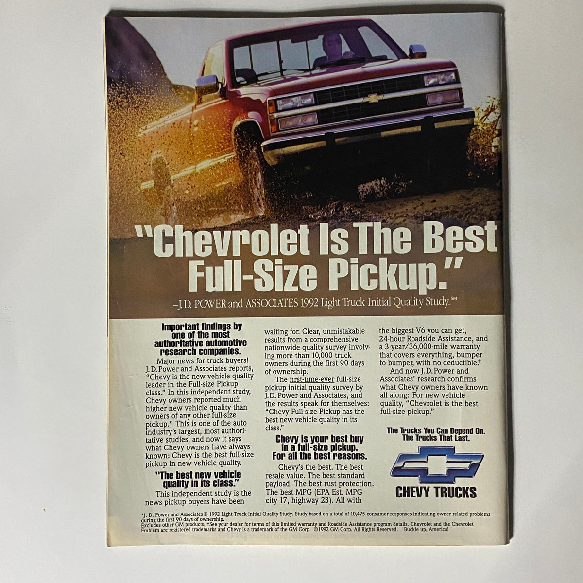 Advertisement from Sport Magazine October 1992 promoting Chevrolet trucks, emphasizing quality and reliability with a striking visual of a truck in action.