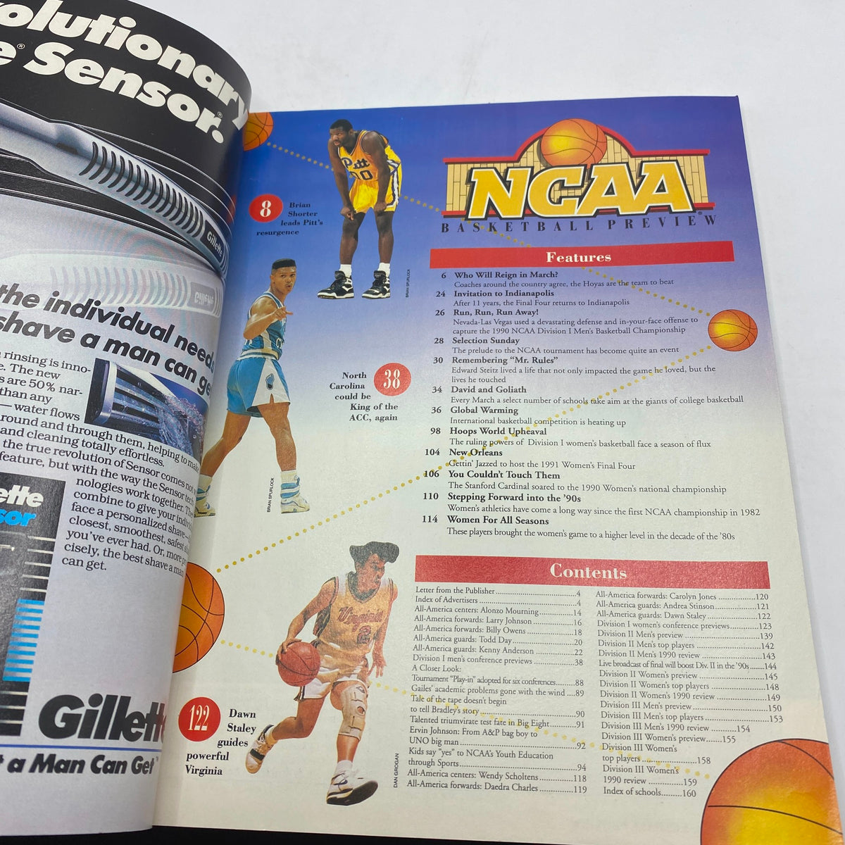 NCAA Basketball Preview Magazine 1990-1991 featuring Shaquille O'Neal, showcasing articles and contents related to college basketball during that era, with notable players and highlights.
