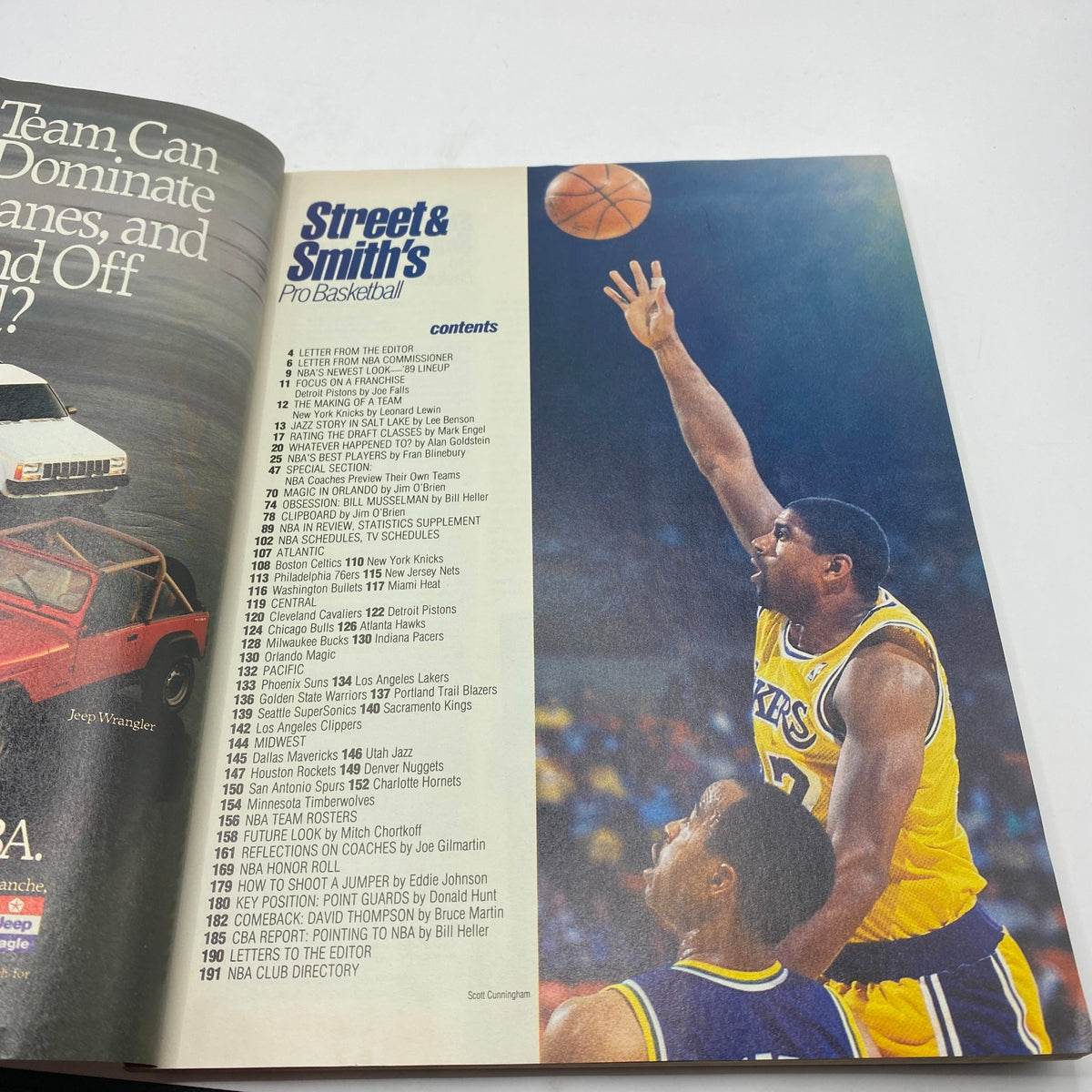 Interior page of Street & Smith's Pro Basketball Magazine, outlining the table of contents with a photo of a player throwing a basketball, reflecting the magazine's focus on NBA insights.