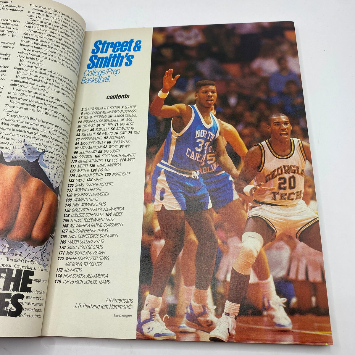 Inside spread of Street & Smith's College Prep Basketball 1989 magazine featuring content list and actions of college basketball players.