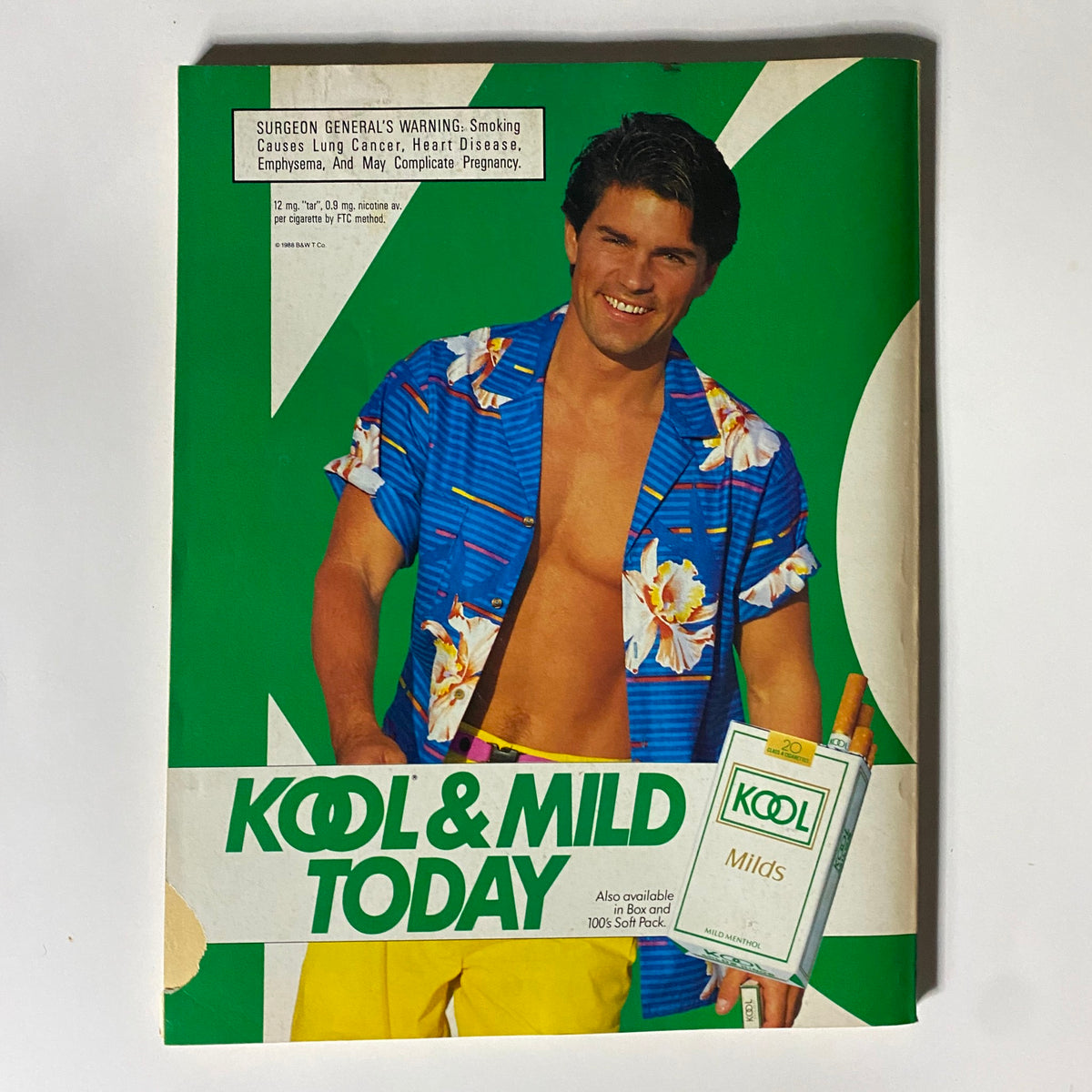 Cover of Kool & Mild Today advertisement showcasing a model in a colorful Hawaiian shirt promoting cigarette products.