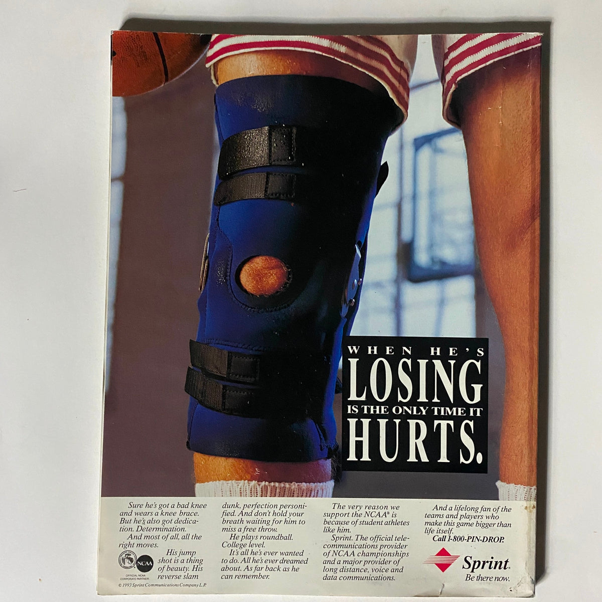 NCAA Basketball Preview Magazine 1993-1994 Travis Best featuring an athletic model wearing a knee brace, promoting care for sports injuries, complete with text about dedication and sportsmanship.
