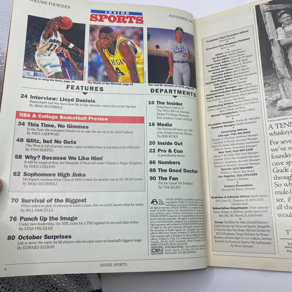 Inside Sports Magazine November 1992 featuring articles and previews of NBA and college basketball, highlighting legends Michael Jordan and Shaquille O'Neal.