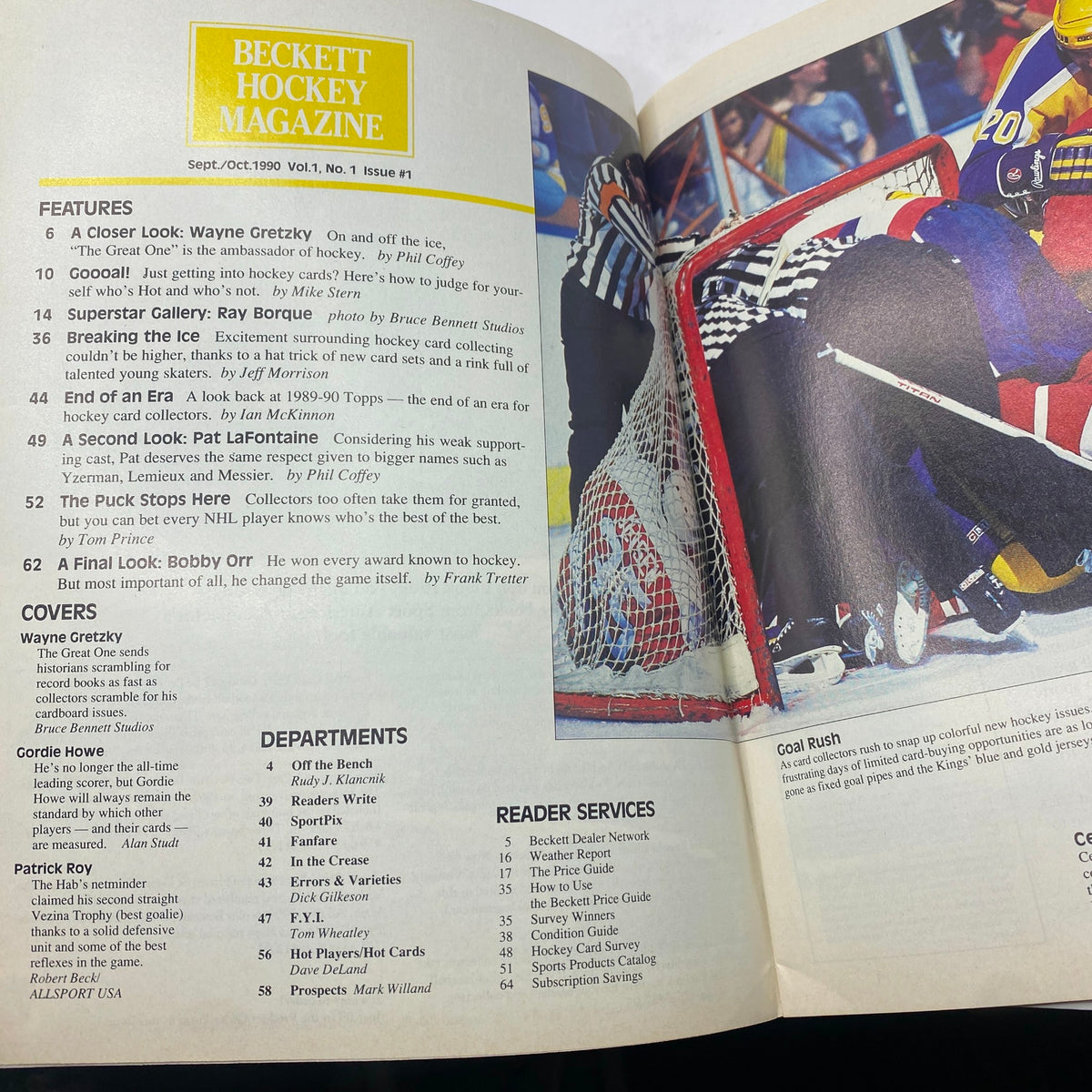 Interior page of Beckett Hockey Magazine September 1990 showing table of contents and feature articles, including a closer look at Wayne Gretzky and other hockey stars.