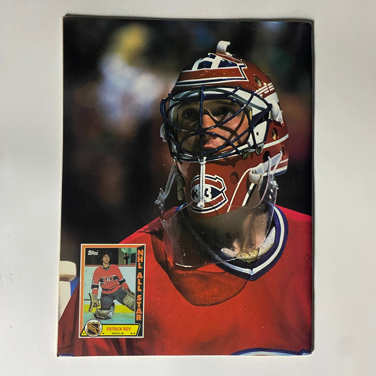 Back cover of Beckett Hockey Magazine September 1990 showcasing Patrick Roy with an NHL All-Star card, emphasizing iconic hockey memorabilia.