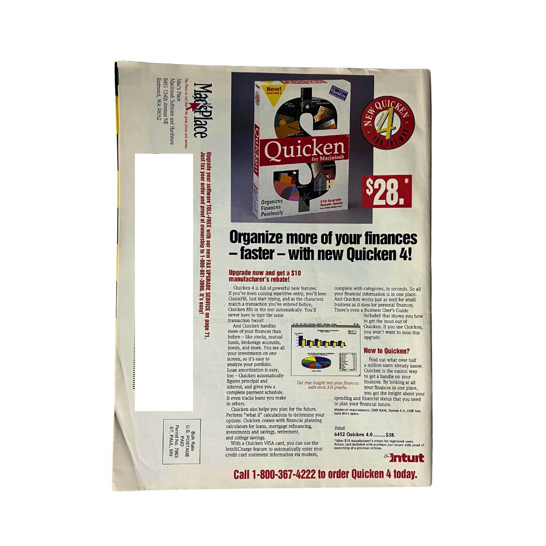 Back cover of Mac's Place Magazine Summer 1993 advertising Quicken 4 for Macintosh with promotional details and pricing.
