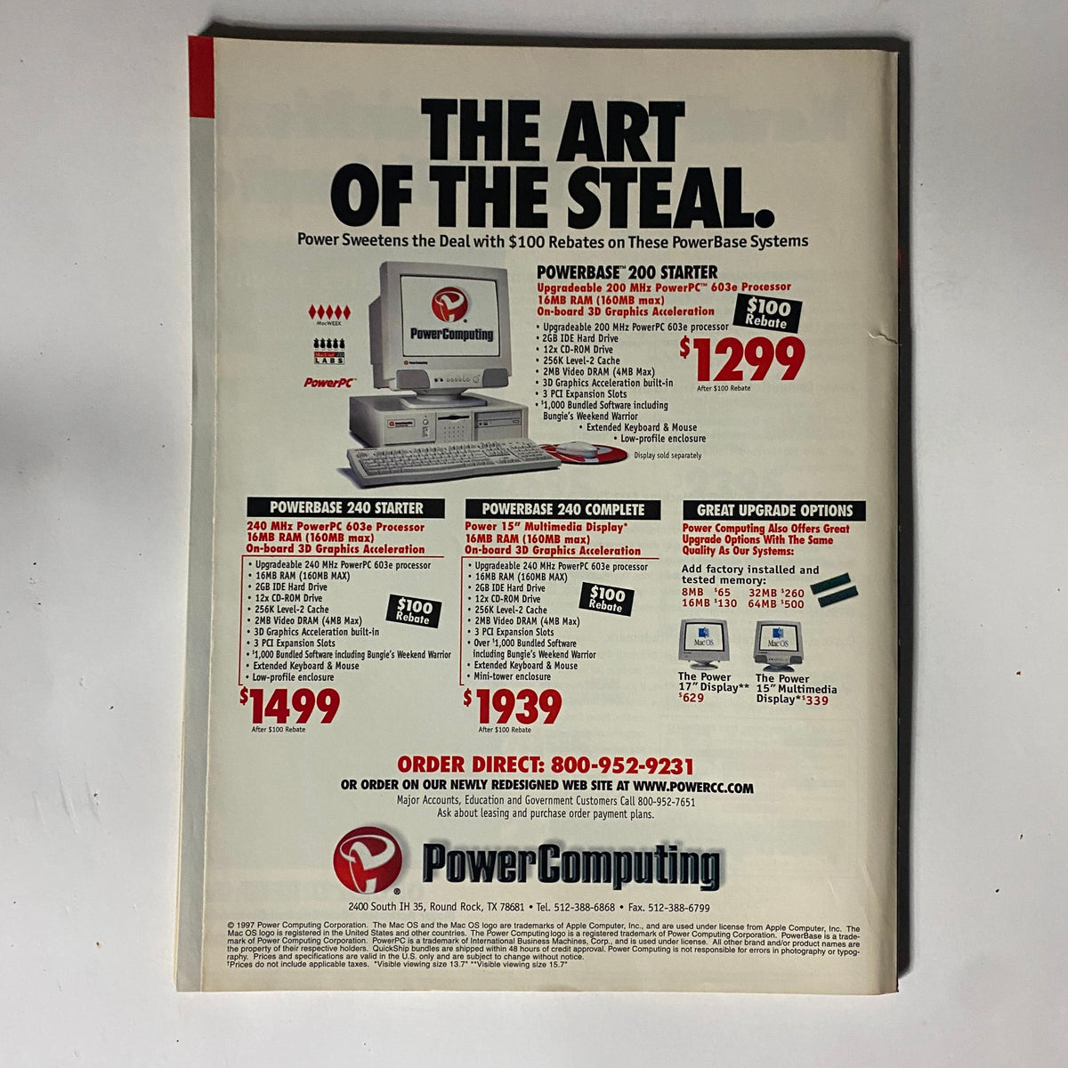 Advertisement for Power Computing featuring PowerBase 200 and 240 Systems from Mac User Magazine August 1997 Vol 13 No. 8 Best Mac Tips, highlighting pricing and system specifications.